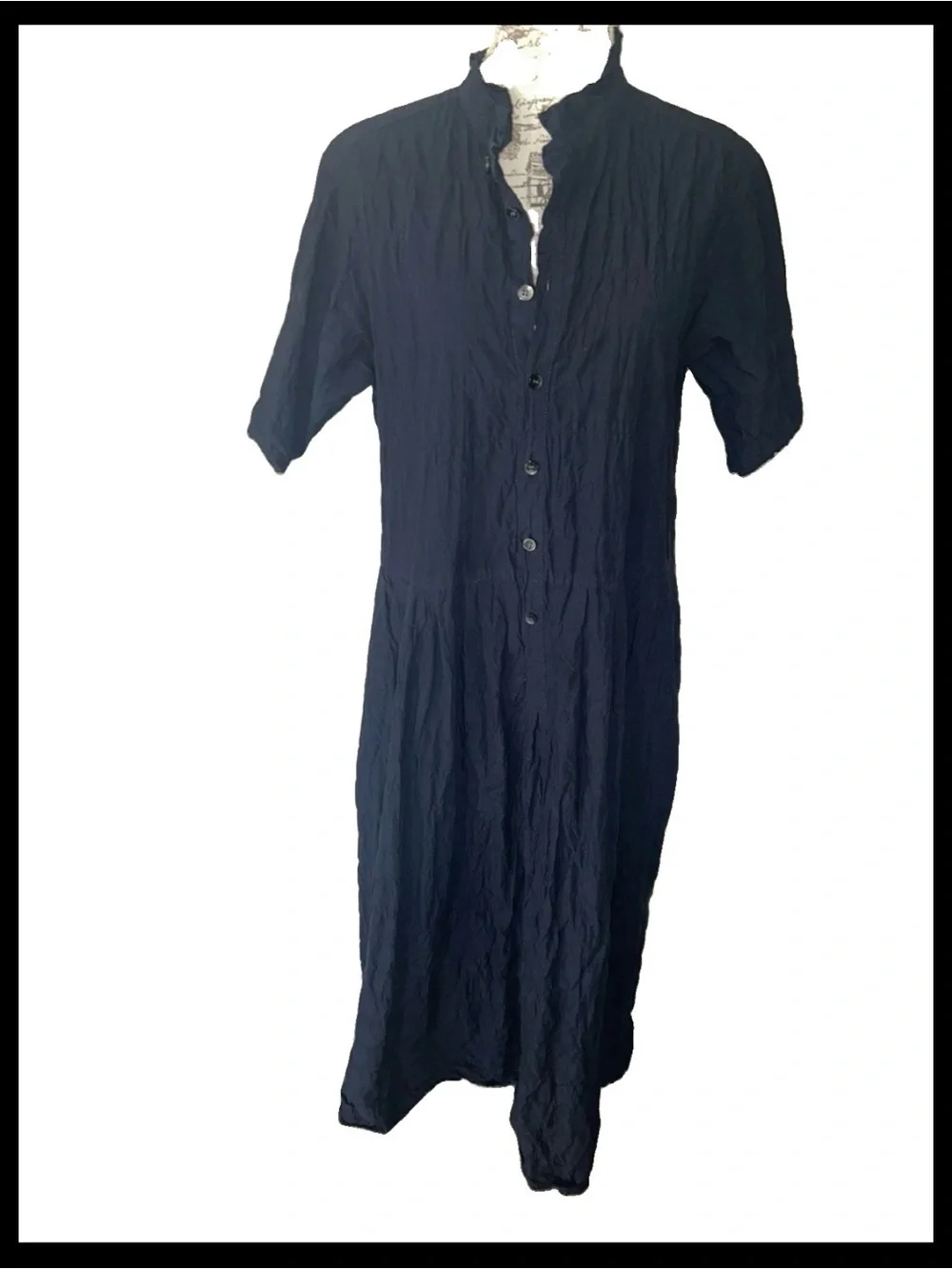 Pas De Calais Navy Blue Crinkle Button Front Midi Dress Size 40 US M - Picture 1 of 9